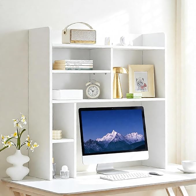TUKAILAi Desktop Bookshelf Organizer, Countertop Storage Hutch with 7 Shelves for Desk, Dorm Desk Hutch Wood Display Rack for Home Office (White)