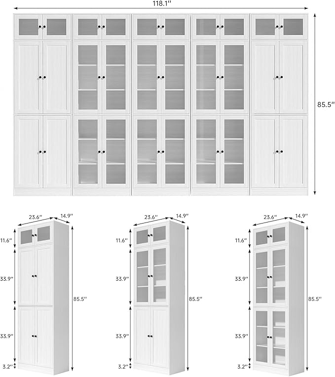 VOWNER 85.5" Tall Wooden Bookshelf 5 Sets, Storage Cabinet with Glass Doors, 7 Tier Bookcase for Living Room, White Pantries with Doors and Shelves, Modern Large Storage for Home Office