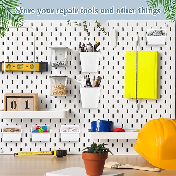 Jinei 12 Pcs Pegboard Bins and Cups with Hooks and Loops Peg Assortment Organizer Accessories Various Tool Organizer Pegboard Basket Set for Garage Workshop Workbench Office(White)