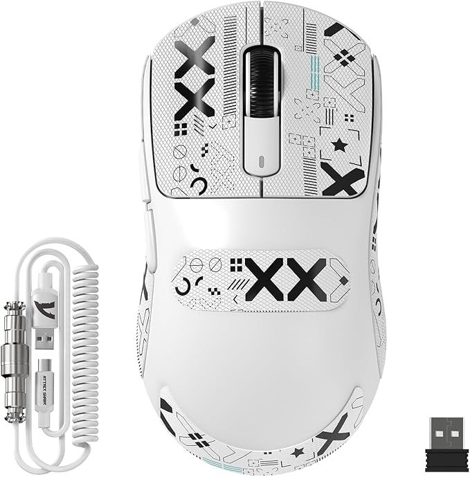ATTACK SHARK X3MAX Wireless Gaming Mouse,PixArt PAW3950 Gaming Sensor,Up to 42K DPI,100 Million Micro,49g Lightweight Tri-Mode(BT5.2/2.4Ghz/Wired) Mice with Coiled Cable-White&Tape