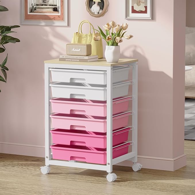 SYKIARIOL Rolling Cart with Drawers,Utility Cart with 6 Drawers,Rolling Storage Cart with Drawers and Wooden Tabletop & Lockable Wheel,Pink