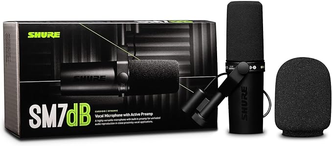Shure SM7dB Dynamic Vocal Microphone with Built-in Preamp – Studio Mic for Streaming, Podcasting, and Recording – Smooth Sound, Wide Frequency Range, Rugged Build, Windscreen Included, XLR, Black