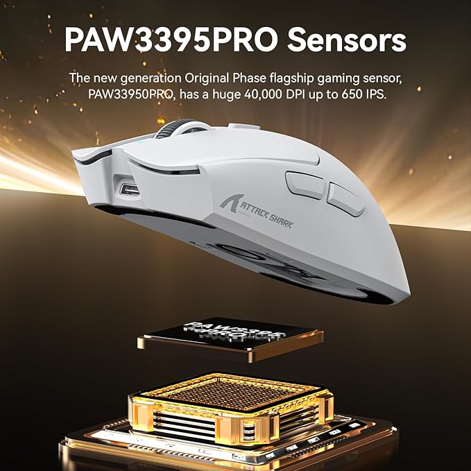 ATTACK SHARK X1 Wireless Gaming Mouse with RGB Charging Dock, PAW3395 PRO Sensor Up to 40K DPI,53g Ultra Light Tri-Mode Computer Mice,1KHz Polling Rate 5 Programmable Buttons for WIN/MAC-White