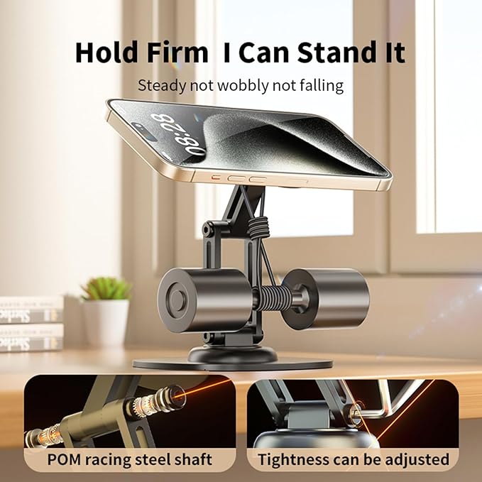 Magnetic Phone Stand for Desk 360 Rotating Adjustable Foldable Aluminum for MagSafe Cell Phone Stand Holder with Non-Slip Base Desk Stand for iPhone 17 16 Pro Max/15/14/13/12 Plus Air (Black)