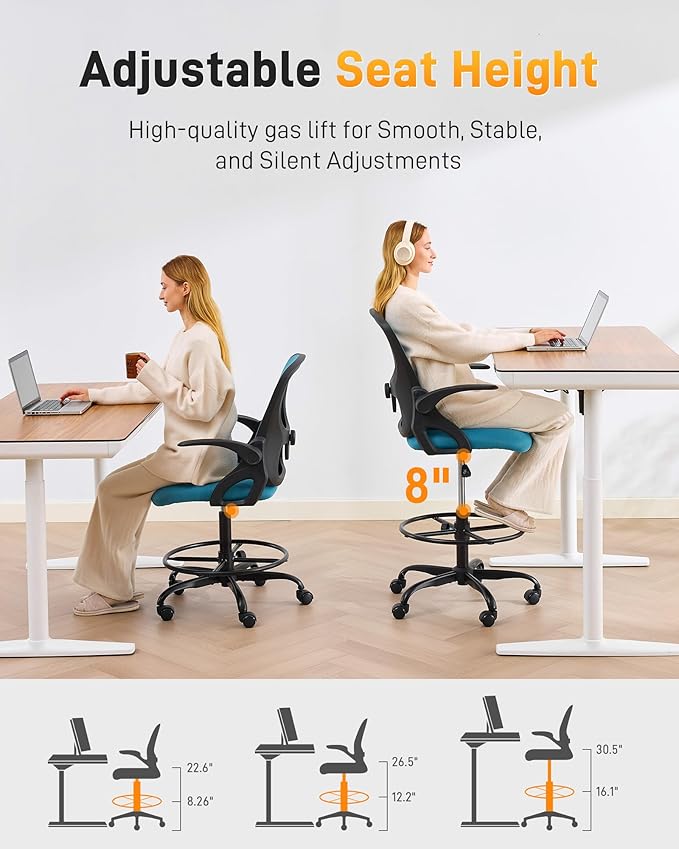 LukkDys Drafting Chair with 4D Multi-Adjustable Backrest, Tall Office Chair 19.7"-27.6" Seat Height, Ergonomic Standing Desk Chair with Flip-up Arms, Foot Ring, Blue&Black