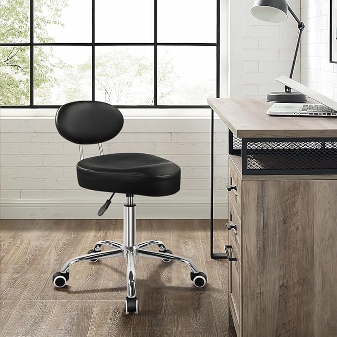 WKWKER Saddle Stool with Back Adjustable Drafting Chair Swivel Rolling Stool with Backrest PU Leather Saddle Chair for Office Lab Drafting Counter Salon Barber Shop Kitchen Front Desk (Black)