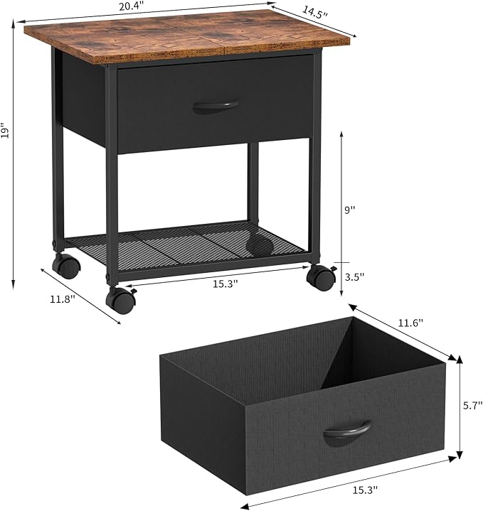 DAOUTIME 2-Tier Printer Stand with Storage Drawer, Under Desk Printer Table with Shelves, Mobile Printer Cart on Wheels for Small Spaces/Home Office, Fits 3D Printer Scanner, Rustic Brown and Black