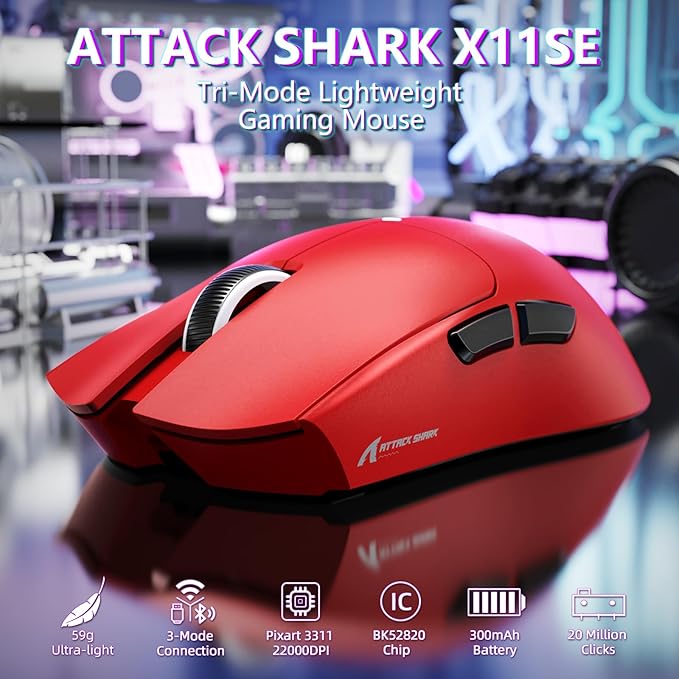 MAMBASNAKE Attack Shark X11SE Lightweight Wireless Gaming Mouse, Tri-Mode 2.4G/USB-C Wired/BT, 22K DPI, PAW3311 Optical Sensor, 59g, 5 Programmable Buttons, 300mAh Battery for PC/Mac(Red)