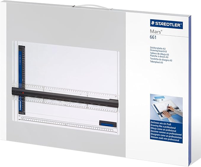 Staedtler Mars 661 A3 Drawing Board, DIN A3, High Quality, Made in Germany, White, Impact- and Shatter-Resistant Plastic, Parallel Drawing Rail, Double Groove Guide