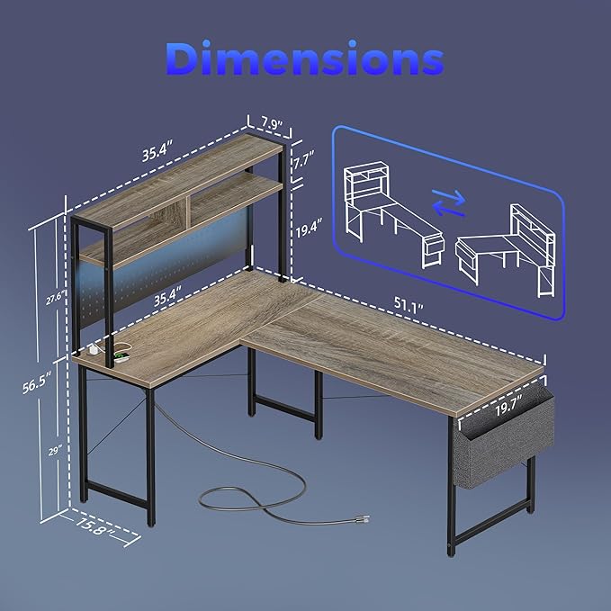 Mericonia 50 inch Large L Shaped Desk with Pegboard Hutch & Shelves, Corner Gaming Desk with Power Outlet, LED Light & Storage Bag, Reversible Computer Desk for Home, Bedroom, Office Workspace, Grey