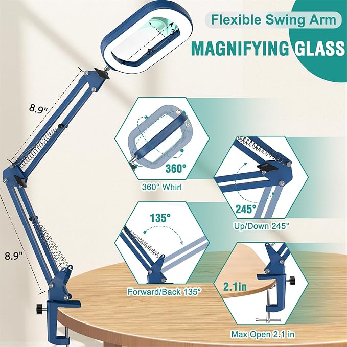 IVMAIE 10X Rectangle Magnifying Glass with Light, 5 Color Modes Stepless Dimmable Magnifier with Stand, LED Lighted Clamp Desk Lamp with Swing Arm, Hands Free for Reading Painting Close Work - Blue