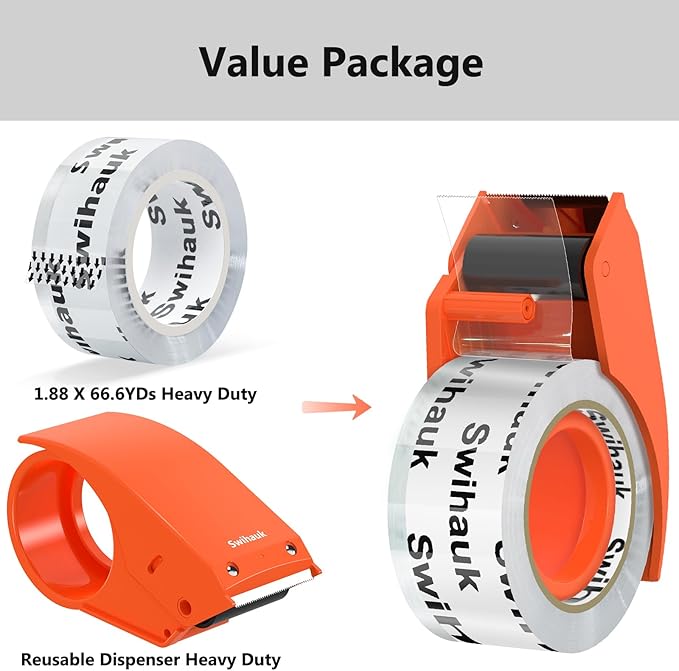 Swihauk 1.88 in x 66.6 YDs Heavy Duty Packing Tape with Dispenser, Strong & Durable Shipping Tape, Packaging Tape, Clear Package Tape for Shipping Moving Storage and Mailing, 1 Roll + 1 Dispenser