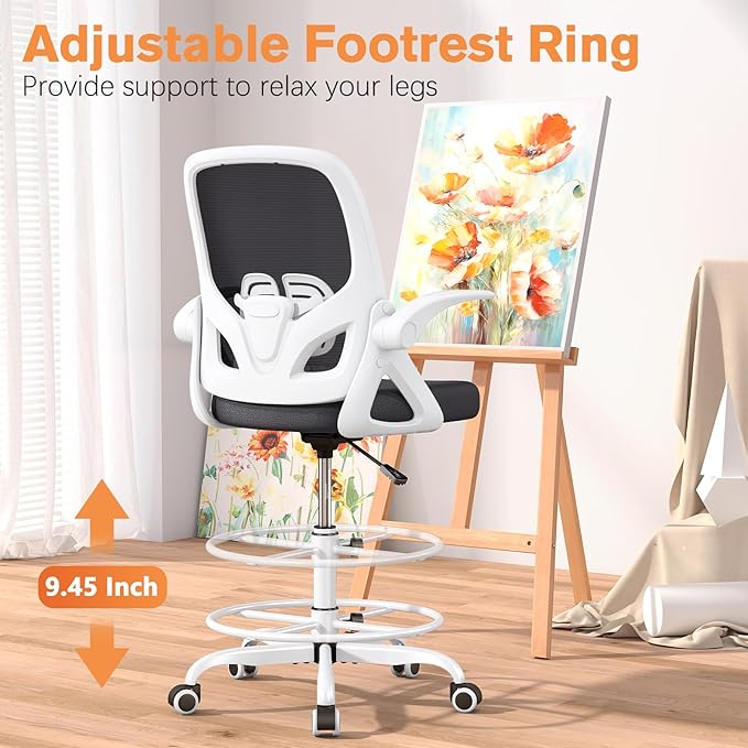 ORRSAKER Drafting Chair Tall Office Chair for Standing Desk, Breathable Mesh Ergonomic Computer Desk Chair with Flip-Up Armrests, Adjustable Lumbar Support and Footrest Ring,300 LBS，White