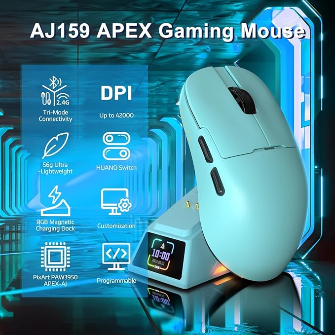 A.JAZZ AJ159APEX 8Khz Wireless Gaming Mouse Ultralight 56g with Magnetic Screen Charging Dock 42000DPI PAW3950 Sensor Tri Mode BT/2.4Ghz/Type-c Wired Programmable for Esport FPS PC Mac Gamer(Blue)