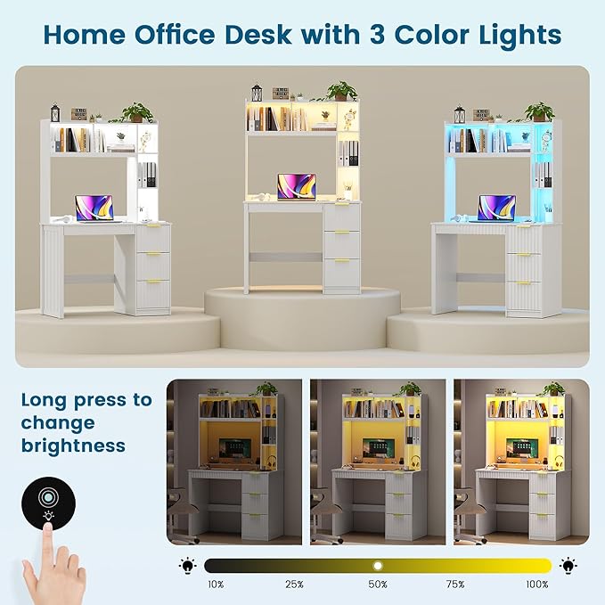 WOOVIVS Home Office Desk with Hutch & LED Lights - 39" Computer Desk with Charging Station, 3 Large Drawers, Hidden Compartment & Fluted Panel Design,White Writing Desk for Bedroom, Study