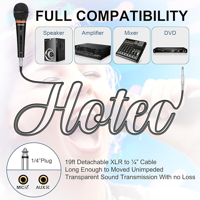HOTEC Premium Vocal Dynamic Handheld Microphone with 19ft Detachable XLR Cable and ON/Off Switch (Metal Black) (H-W07)