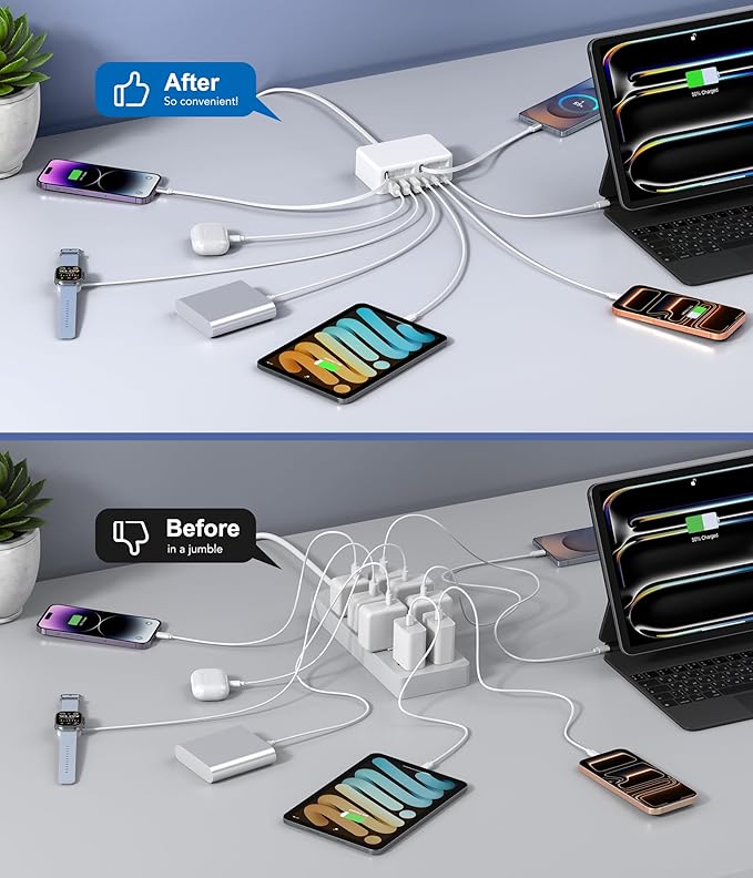 Upgraded 8-in-1 Retractable USB C Charger Block, 120W GaN Multi Charging Station Hub with Lightening & Type C Cable, Travel Essential USB C Power Strip Plug for iPhone 17 16 15 14 Pro Max iPad Galaxy