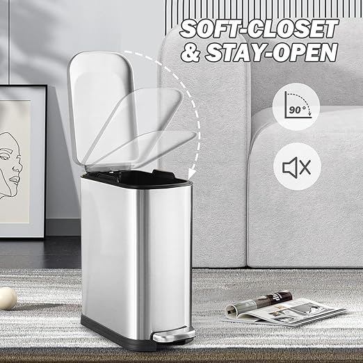 SYNCVIBE Bathroom Trash Can with Soft-Close Lid 3.5 Gallon Stainless Steel Garbage Can with Removable Inner Bucket Slim Trash Bins for Bedroom, Office (Silver)