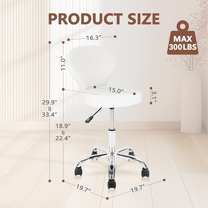 KLASIKA Leather Rolling Salon Stool with Back Support and Wheels Adjustable Height Swivel Spa Stools for Office Massage Facial Medical Drafting Tattoo Beauty Barber Lab Doctor Tattoo, White, 2 Pack