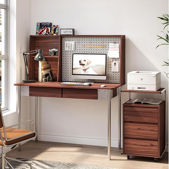 Home Office Furniture Set 4, 47 Inch Writing Desk with Hutch and Bookshelf, 3 Drawer File Cabinet with Printer Stand, Wide Bookshelf with Door, 5-Tier Rotating Bookshelf Tower with Display Shelf