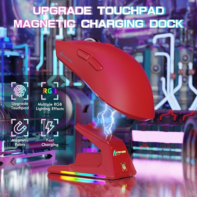 ATTACK SHARK X1 Ultralight Wireless Gaming Mouse with Magnetic RGB Charging Dock,PixArt PAW3395 Pro Sensor,40000DPI,BT/2.4Ghz/Wired,1K Polling,Optical Micro Switch,Web Driver for PC Mac Gamer(Red)