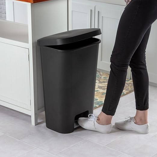 Sterilite 11.9 Gallon Rectangular Step On Kitchen Plastic Indoor Wastebasket with Wide Opening Lid and Comfort Handle for Home, Black (16 Pack)