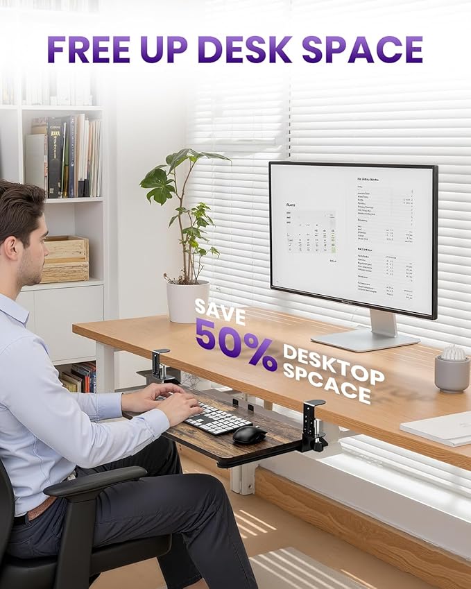 Ergonomic Keyboard Tray Under Desk, Pull Out with Adjustable C-clamp, 25.6 (31.5 Including Clamps) x 11.8 Inch Slide Out Computer Keyboard Drawer Mouse Tray for Typing, Large & Rustic Brown