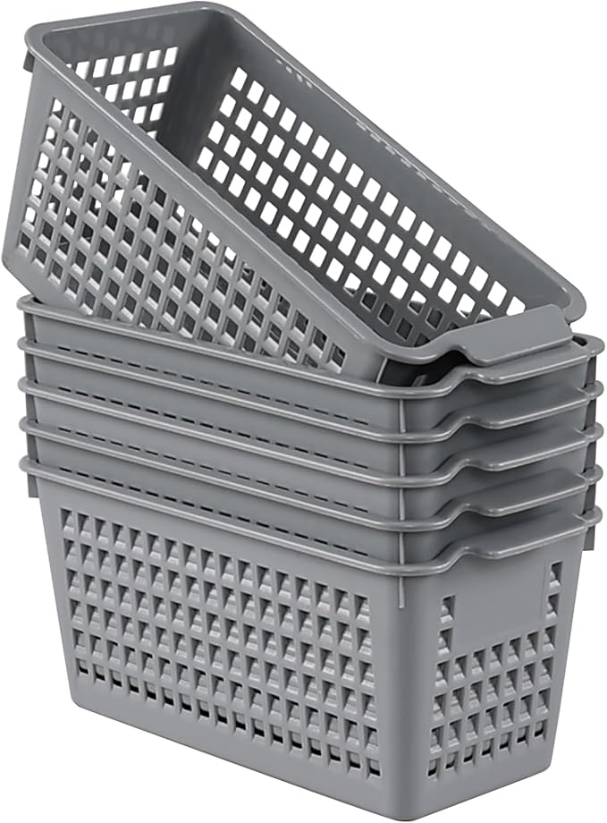 6 Pack Tall Slim Plastic Storage Baskets, Small Basket Organizer for Drawer, Office, Desktop, Gray