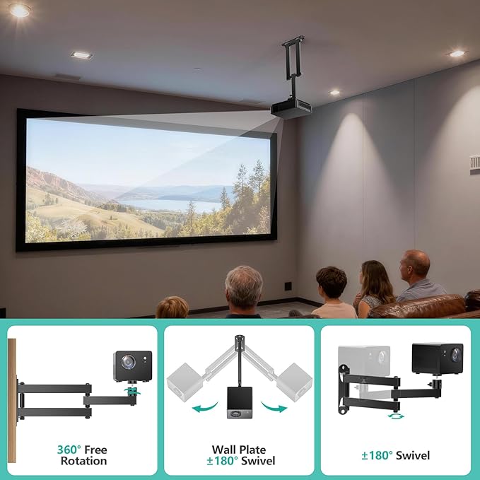 WALI Mini Foldable Projector Wall Mount with 360° Rotating Gimbal, Fully Adjustable Wall/Ceiling Mount Bracket for 1/4" M4 M6 Screw Projectors, Small Projector Holder up to 4.4lbs (1330LM-PM), Black