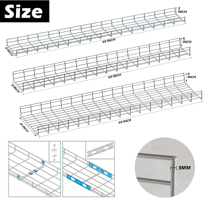 Wire Mesh Cable Tray, 60" x 18" x 4", | Zinc Plated Steel Cable Management Rack, Adjustable Cable Basket for Network, AV, Fiber Optic, Garage & Office Use(2Pcs)