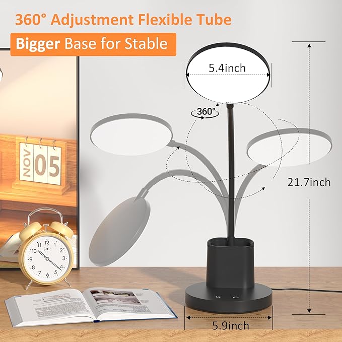 Desk Lamp, LED Desk Lamps for Home Office, Touch Table Lamp with 3 Color Modes 360° Adjustable Arm, Dimmable Desk Light with Pen Phone Holder for College Dorm, Black