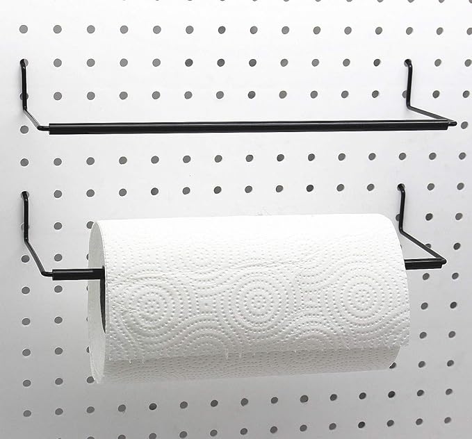 Paper Towel Holder for Pegboard, Extendable, Fit Any Standard Pegboard, Peg Board Organization Accessory Hook for Workshop, Garage, Kitchen, Laundry Room, Bathroom 2 Packs, Black (2 PCS)