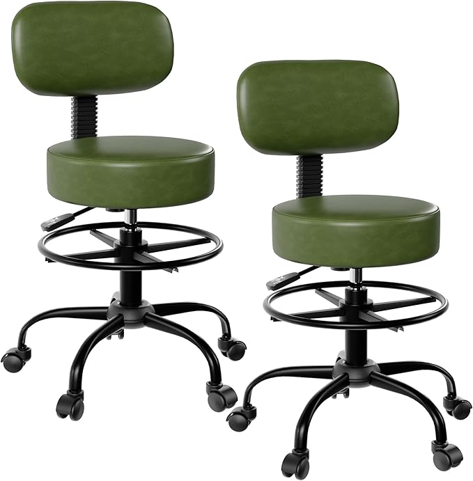 Drafting Chair with Back Support, Adjustable Foot Rest Rolling Stool, 360° Swivel Office Desk Chair with Wheels, Thick Seat Cushion for Home Bar Salon Tattoo Shop (2, Dark Green)