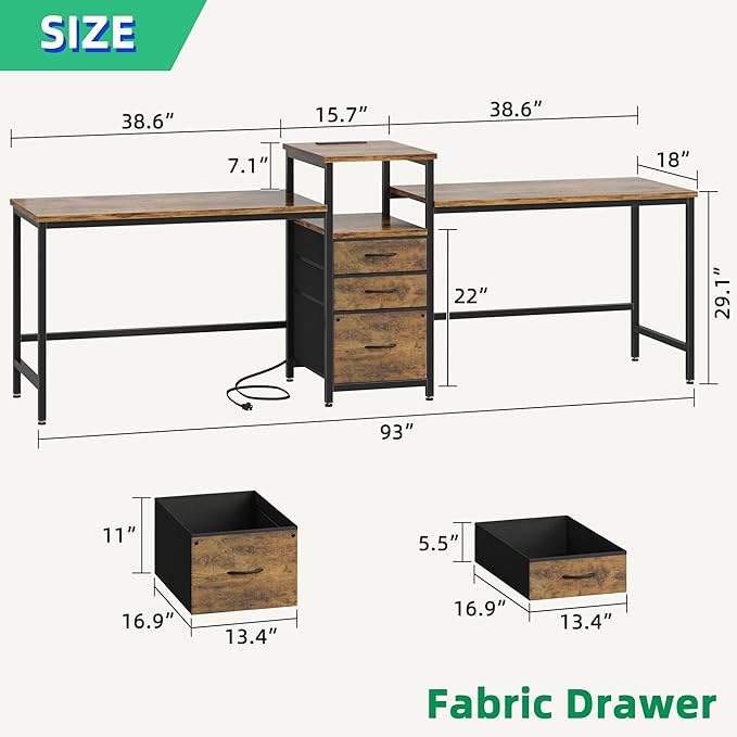 GYIIYUO 93'' 2 Person Desk with Charging Station, Two Person Long Desk with 3 Fabric Drawers and Printer Shelf, Double Computer Desk, Writing Study Table Workstation for Home Office, Rustic Brown