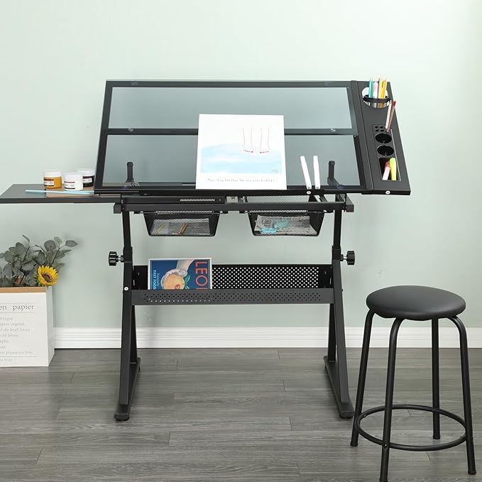 Drafting Table, 0-75° Tilting Glass Tabletop Drawing Table with Stool - Adjustable Height Art Desk with Multi-Storage for Sketching and Painting - Perfect for Artists and Hobbyists, Black