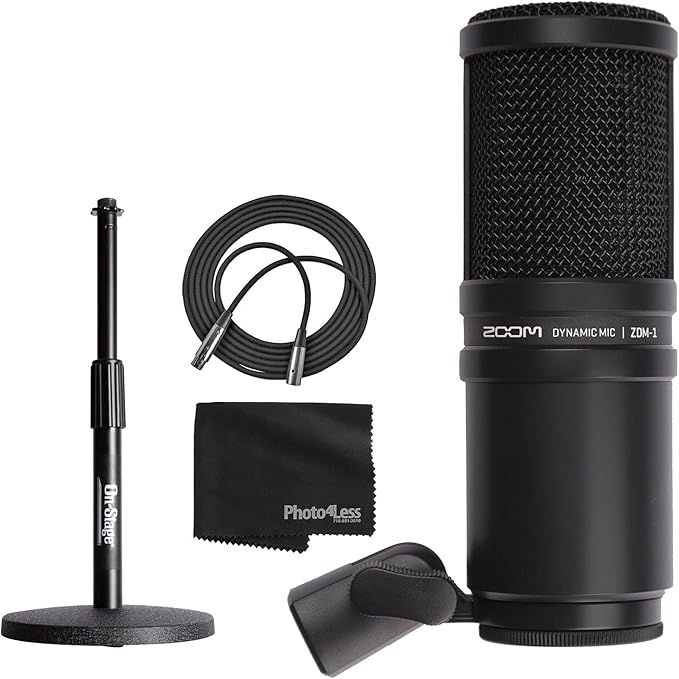 Zoom ZDM-1 Dynamic Microphone + On Stage Adjustable Desk Microphone Stand + Mic Cable XLR-M to XLR-F + Black Cleaning Cloth - Top Value Bundle