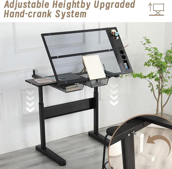Adjustable Drafting Table with Hand-Crank Lift, 0-75° Tilting Tempered Glass Art Desk with Metal Drawers & Slide-Out MDF Side Table, Height Adjustable 29.5"-41.3" Drawing Desk with Storage & Stool