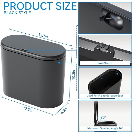 3.17 Gallon Thin Small Black Bathroom Trash Can with Lid,12L Small Pet/Dog Proof Slim Trashcan and Skinny Covered Trash Can,Plastic Covered Wastebasket,Garbage Can for Kitchen,Office,RV,Bedroom,2 Pack