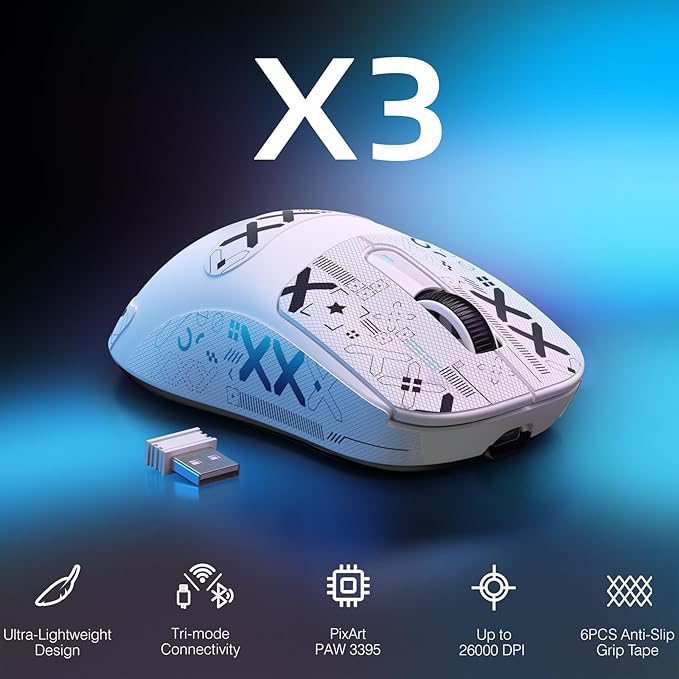 ATTACK SHARK X3 Lightweight Wireless Gaming Mouse with Tri-Mode 2.4G/USB-C Wired/Bluetooth,26K DPI, PAW3395 Optical Sensor,Kailh GM8.0 Switch,5 programmable Buttons for PC/Win/Mac(White+Stickers)