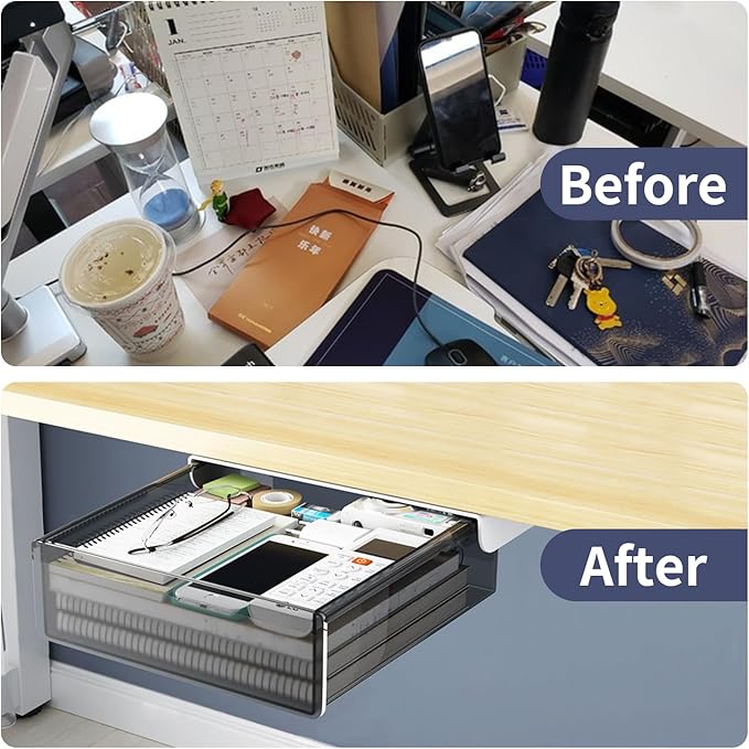 Under Desk Drawer Organizer Slide Out, 2 PCS Large & Medium Under Table Hidden Drawer Under Desk Storage Organizer (Self-Adhesive Tape, Screw Accessories)