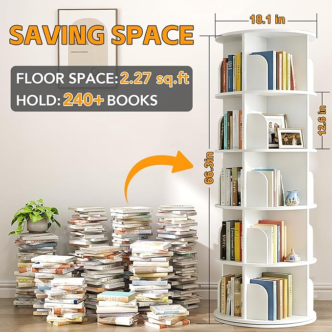 RUNSUNSPRI 5 Tier Rotating Bookshelf Tower, Spinning Bookshelf, Revolving 360° Bookcase Storage Round Carousel, Vertical Rotate Turning Spiral Corner Organizer Lazy Susan, White