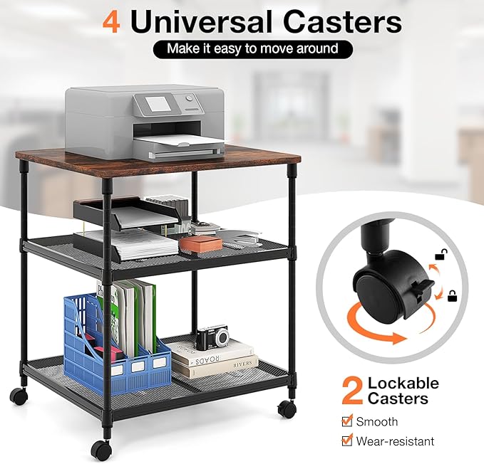 Giantex Printer Stand, 3-Tier Industrial Printer Cart with Lockable Wheels, Adjustable Shelves, Metal Frame, Mobile Under Desk Shelf for Home Office, Printer Table Fit Fax Machine, Scanner (Brown)