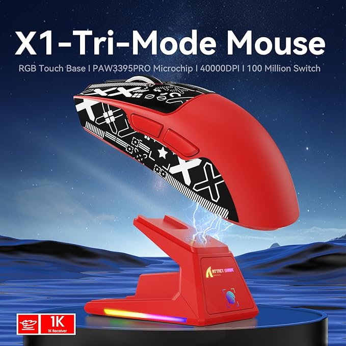 MAMBASNAKE Attack Shark X1 Wireless Gaming Mouse with RGB Charging Dock,PAW3395 PRO Sensor 40K DPI,1KHz Polling Rate 53g Superlight Tri-Mode Computer Mice,5 Programmable Buttons for Win/MAC-Red&Tape