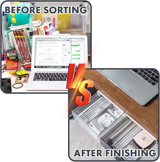 Self-adhesive Under Desk Drawer, 2 Packs Table Hidden Organizer Slide Out Large Storage Desktop Pencil Tray for Office Home School Kitchen (White), Matte White