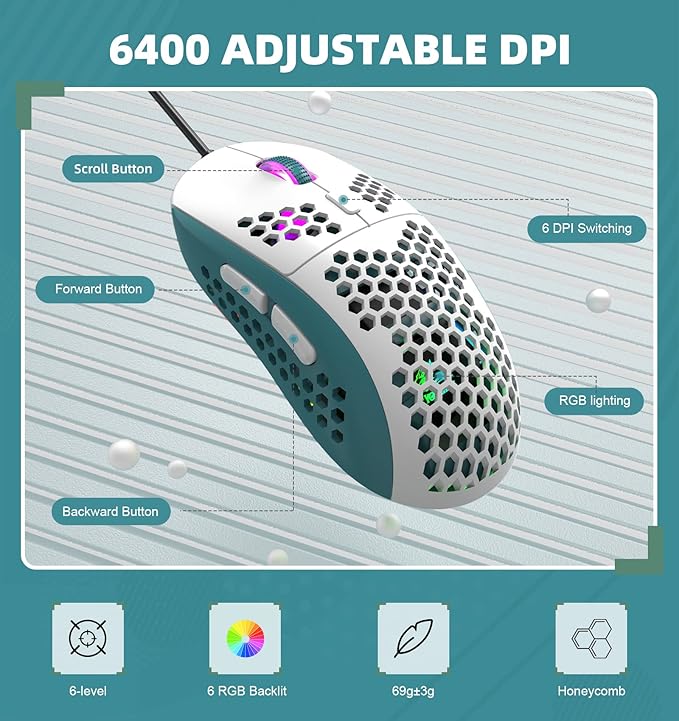 ZIYOU LANG Wired RGB Gaming Mouse,65G Lightweight Honeycomb Ultralight Mouse with High Precision Sensor 6400DPI,6 Button Programmable USB Gaming Mice,Precise Registration for PC Gamers Xbox PS4 Users