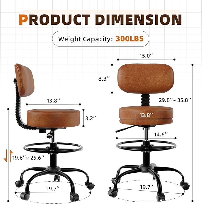 Drafting Chair with Back, Adjustable Foot Rest Rolling Stool (1,Brown)