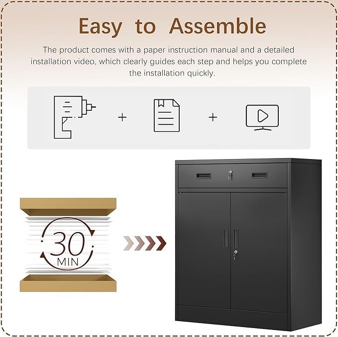 Metal Storage Cabinet with 1 Drawer, 36" H Locking Storage Cabinet, Metal Cabinets with Doors and Shelves for Home, School, Office, Garage, Black