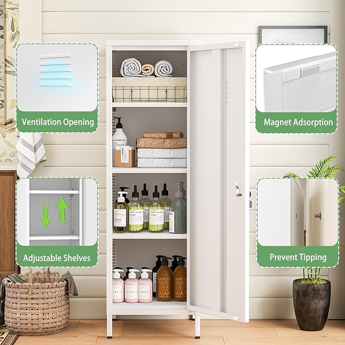 Ckzbx Tall Narrow Storage Cabinet 51.18" H Bathroom Cabinet Metal Pantry Cabinets, 3 Adjustable Shelves for Kitchen, Home Office, Living Room, Dinning Room (White)