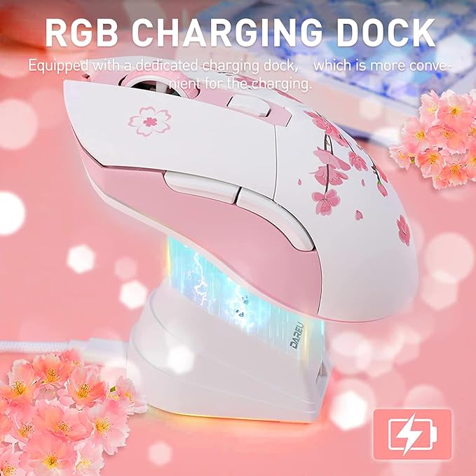DAREU Sakura Pink Wireless Gaming Mouse with Charging Dock Rechargeable RGB,12K DPI,6 Programmable Buttons High-Precision Sensor [300IPS] [1000Hz] for PC Notebook Mac