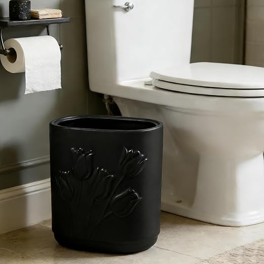 Black Ceramic Tulips Small Bathroom Trash Can 2.6 Gal (10 Liter) - Heavy & Decorative Garbage Bin for Bathroom, Kitchen, Office, Bedroom & Living Room Corner